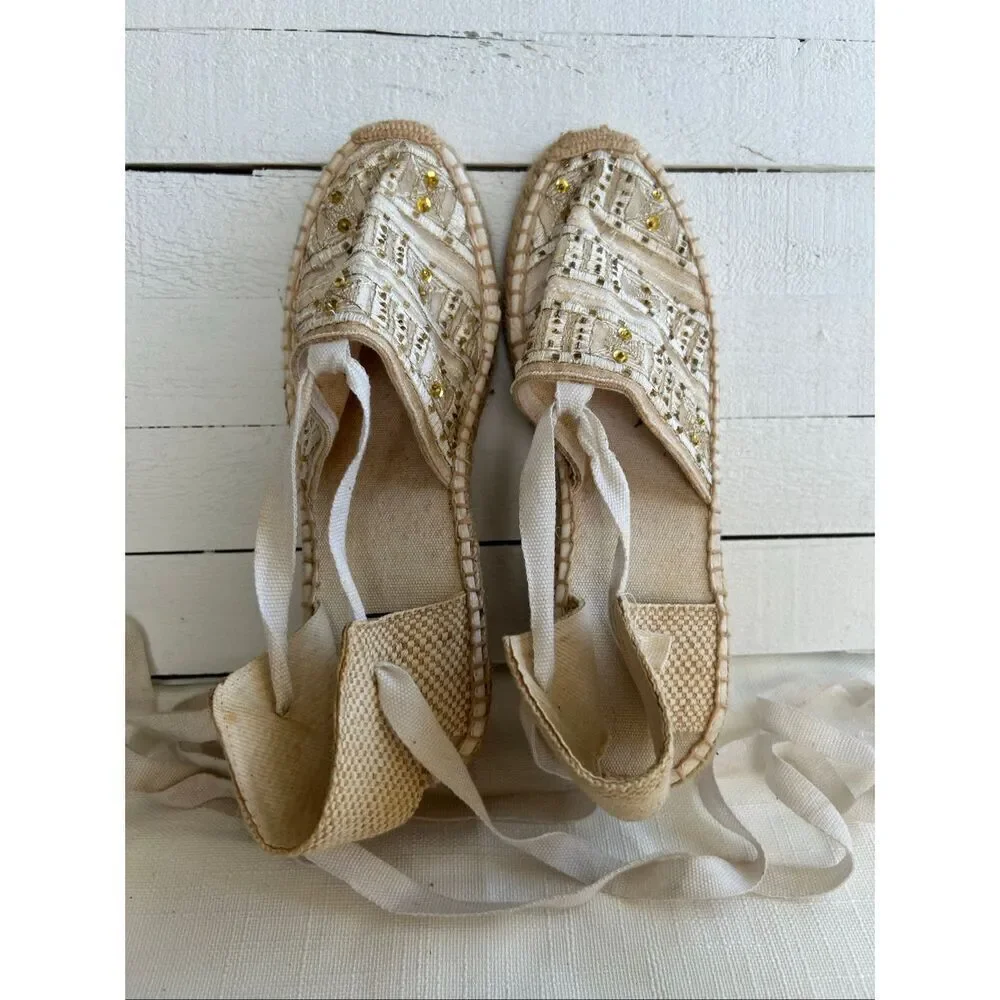 Impo Malibu Espadrille Wedge Sandals Women’s 8M Beige Lace Up Beaded Sequin